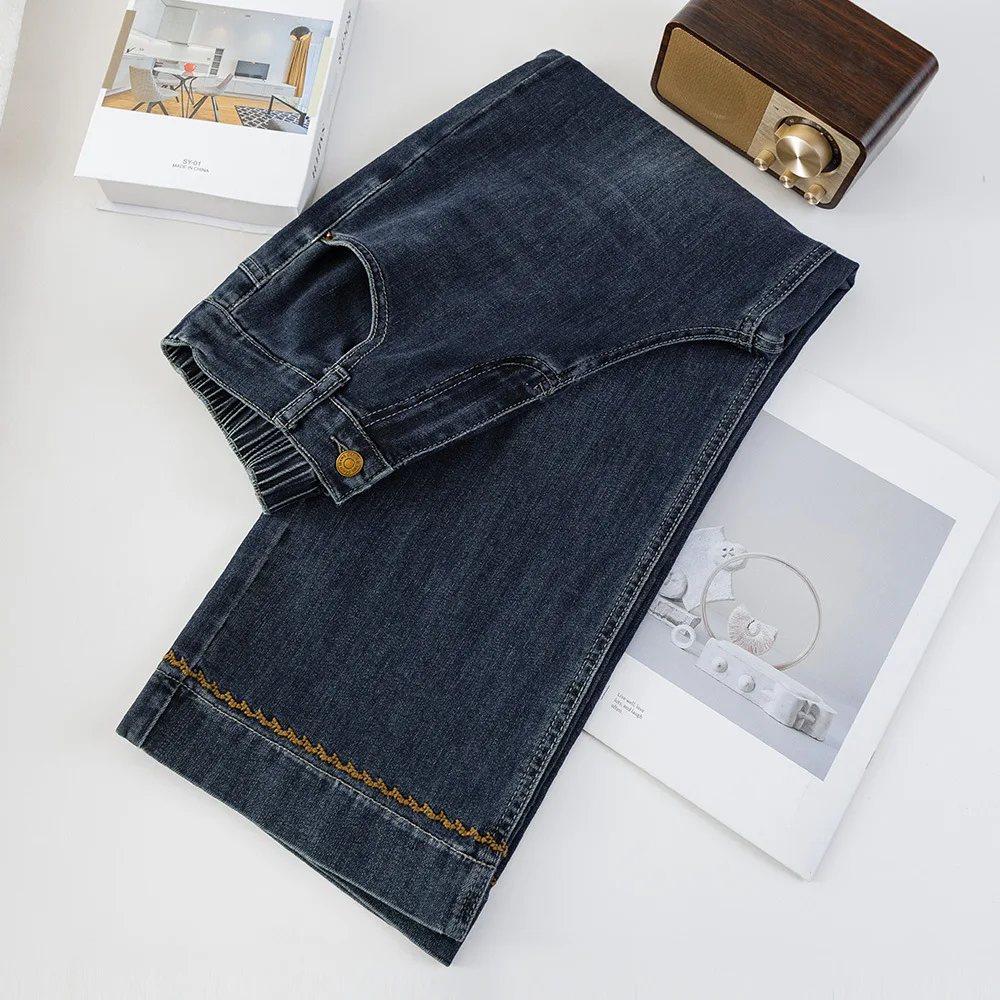 

Fashion Plus Size Women's Jeans Autumn Of 2025 Slim Stretch Embroidery Hem Denim Straight Leg Ankle Length Pants 2528
