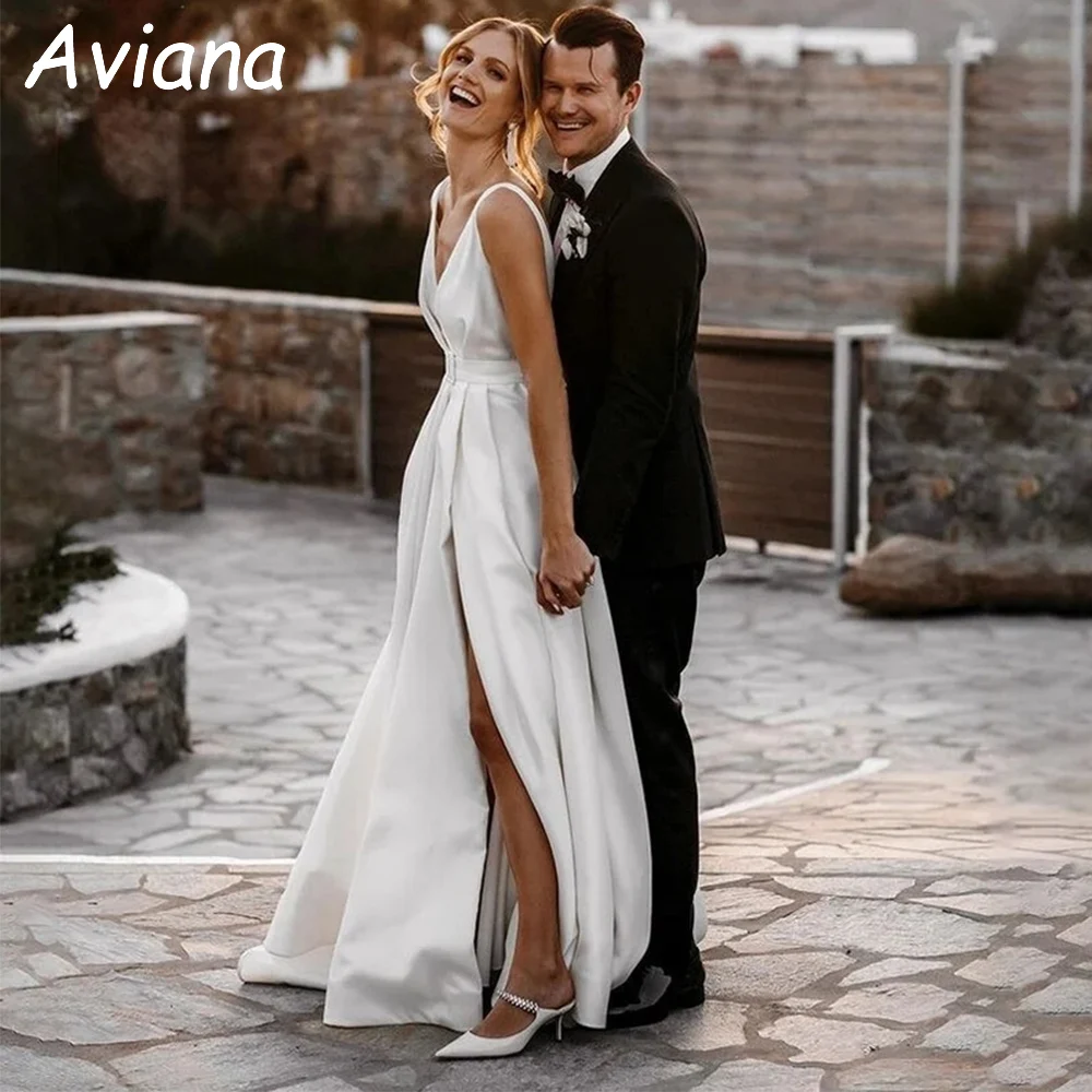 

Customized Simple Long Wedding Dresses Satin V-Neck Floor-Length Party Brides Dress Tailor-Made Women Vestidos De Novias 2025