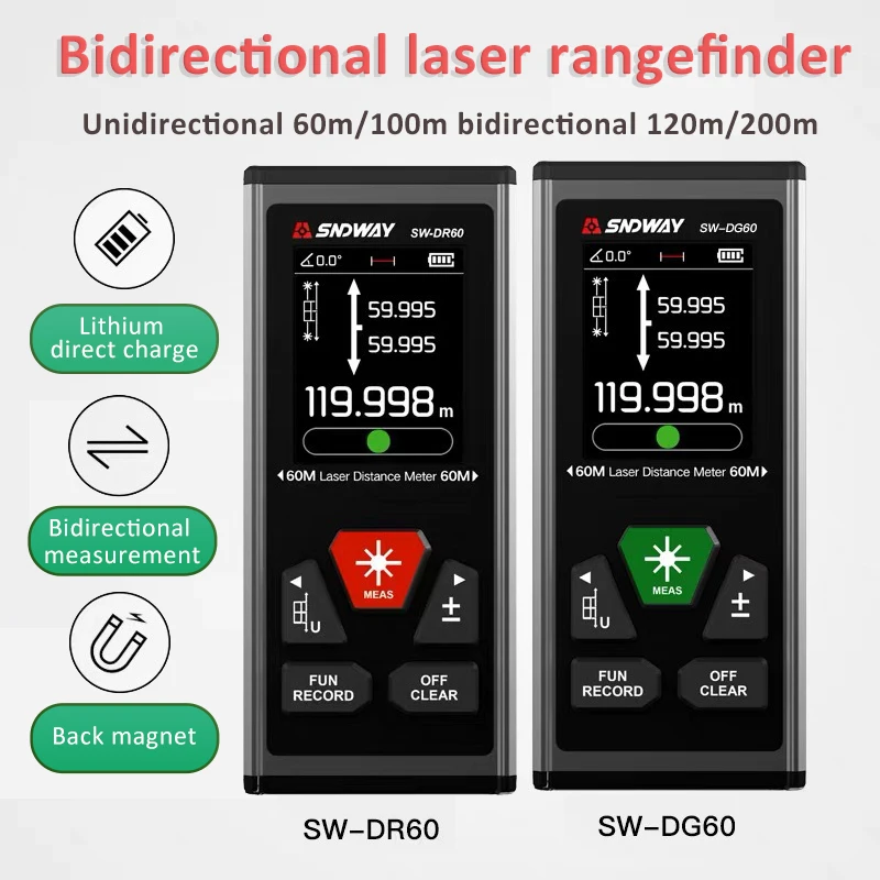 Dual Laser Distance Meter SW-DG60/100 DR60/100 Bidirectional Laser Rangefinder with Back Magnet Digital Tape Angle Measure Tool