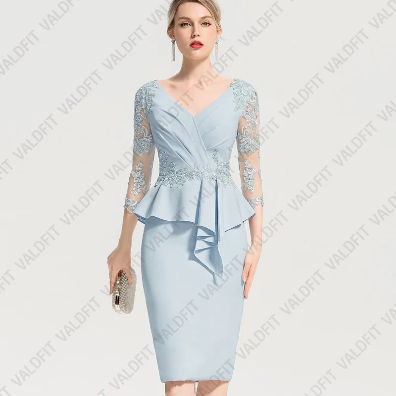 Customized Short Knee Length Dusty Blue Mother of the Bride Dresses with Sleeves for Wedding Party Dress Robes Invitee Mariage