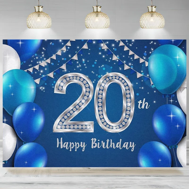 Happy 20th Birthday Banner Backdrop 20 Years Old Birthday Decorations Supplies Women Men Blue Silver Photographic Background