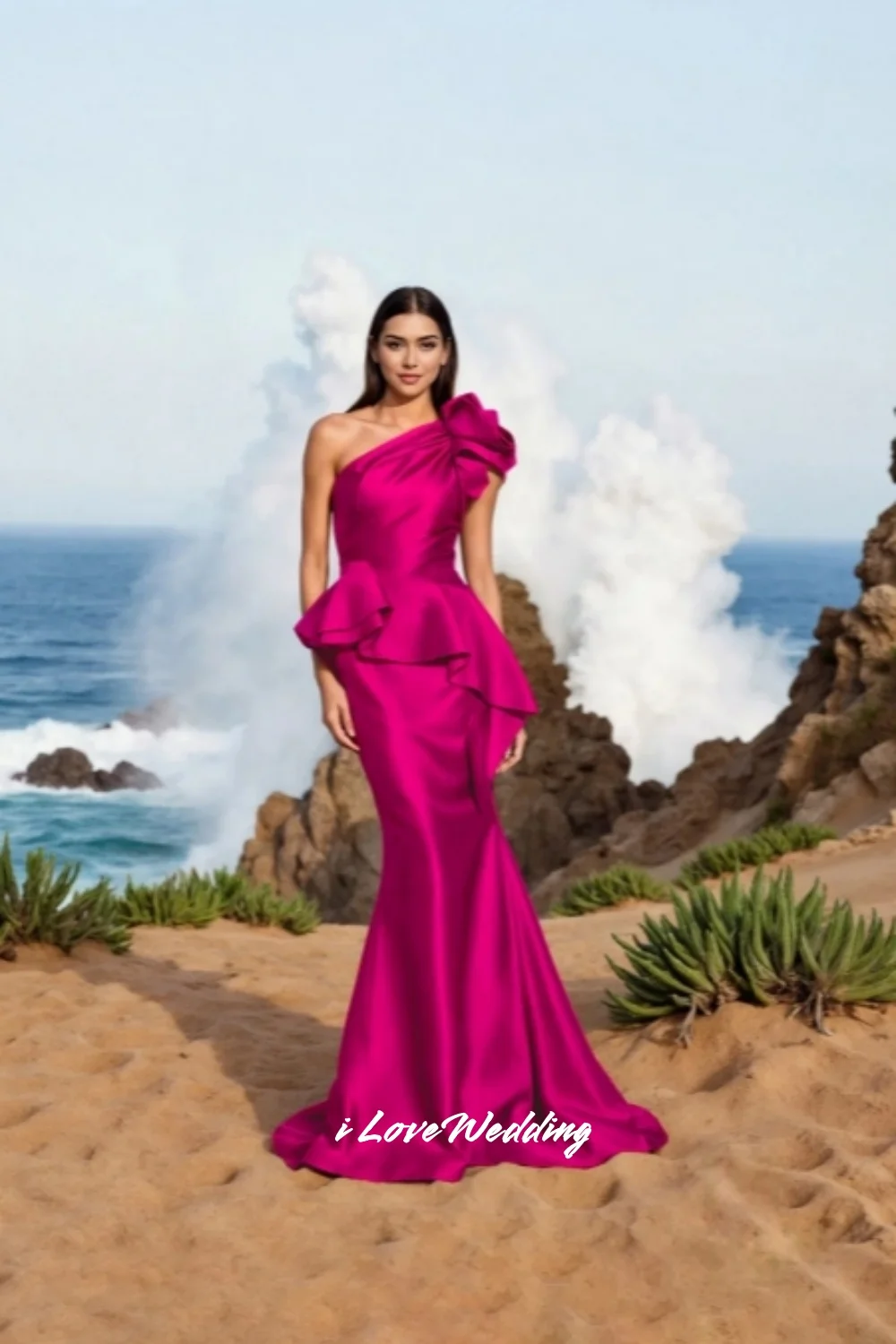 Rote One-Shoulder-Abendkleider 2025, Satin, ärmellos, Blumenrüschen, plissiert, Meerjungfrau, Sweep-Zug, Hochzeitskleid, individuell gestaltet
