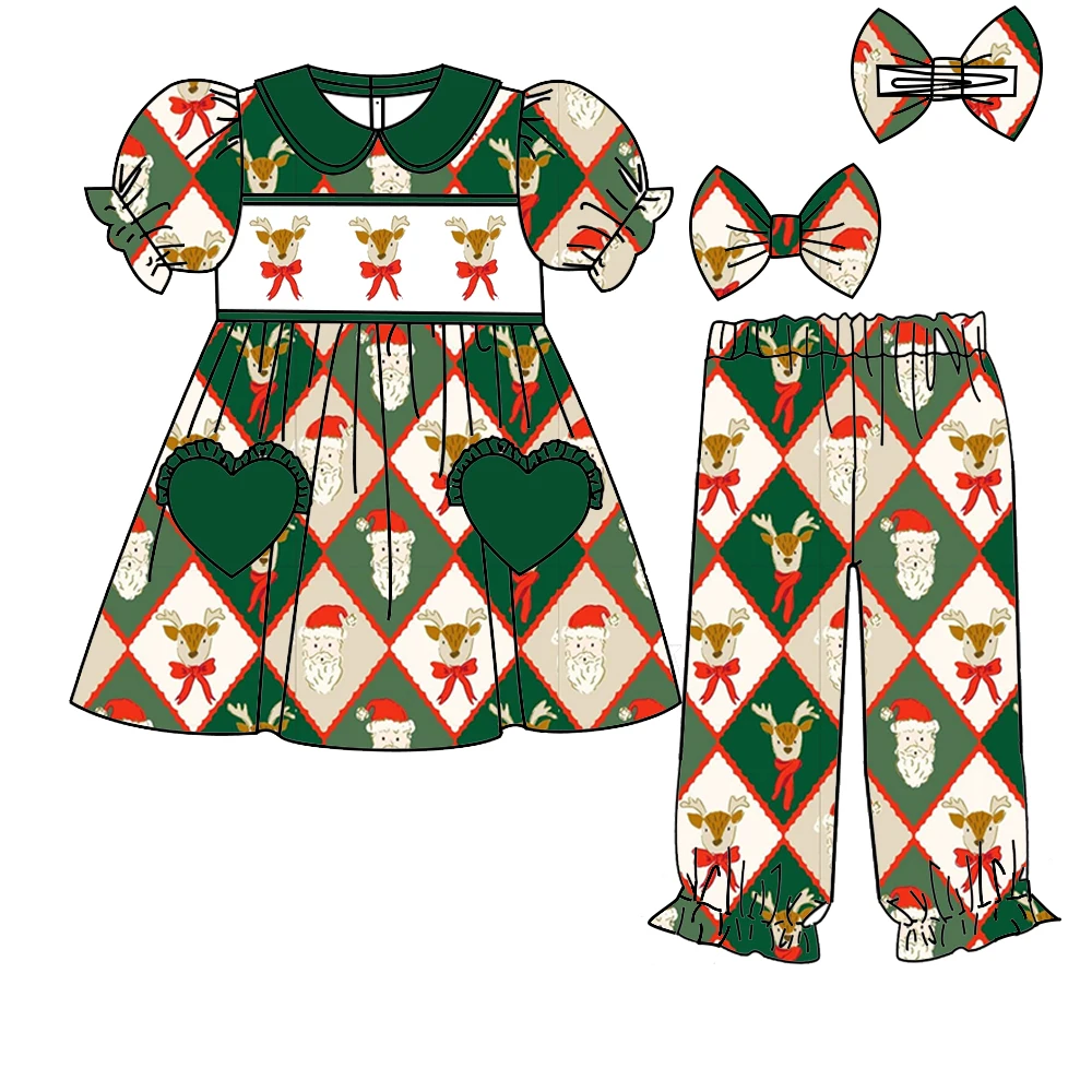 

Christmas style pajamas set boutique children set short sleeve elastic deer tree print trousers girls boys trousers pajamas set