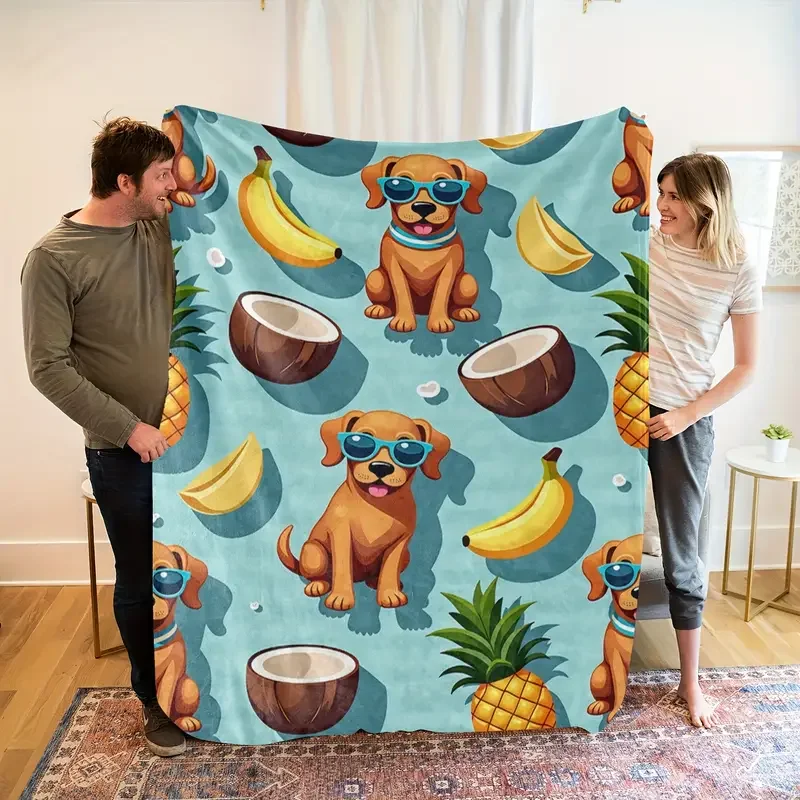 One piece cute puppy coconut pineapple flannel blanket - suitable for all seasons, great for camping, travel, bed, Christmas