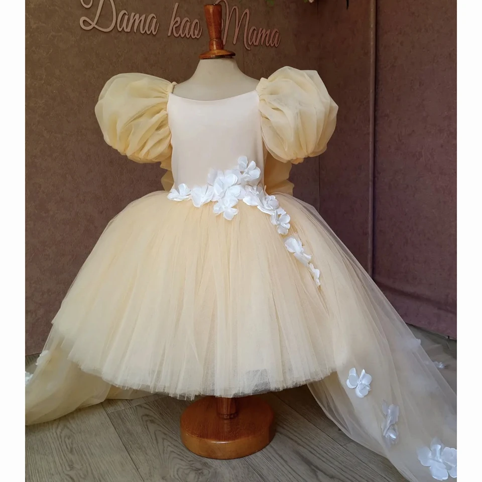 Customized High-Low Puff Sleeves Bow Flower Girl Dress For Wedding 2025 Ball Gown Sweep Train Princess First Communion Gowns