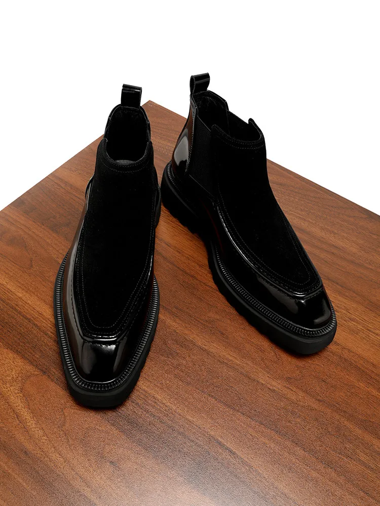 Genuine Leather Diamond Head Suede Spliced Boots Men British Style Trendy Thick Sole High Top Ankle Boots