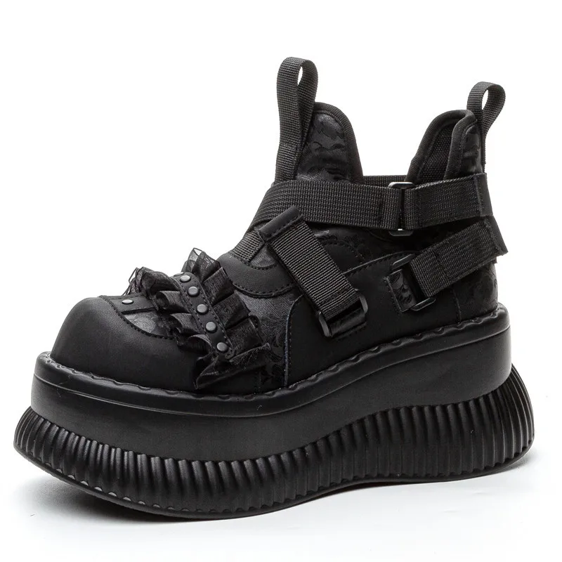 Women Thick Bottom High Top Dark Style Mary Jane Niche Lace Cross Sweet Cool Increased By Big Head Shoes New 2027 Chunky Sneaker