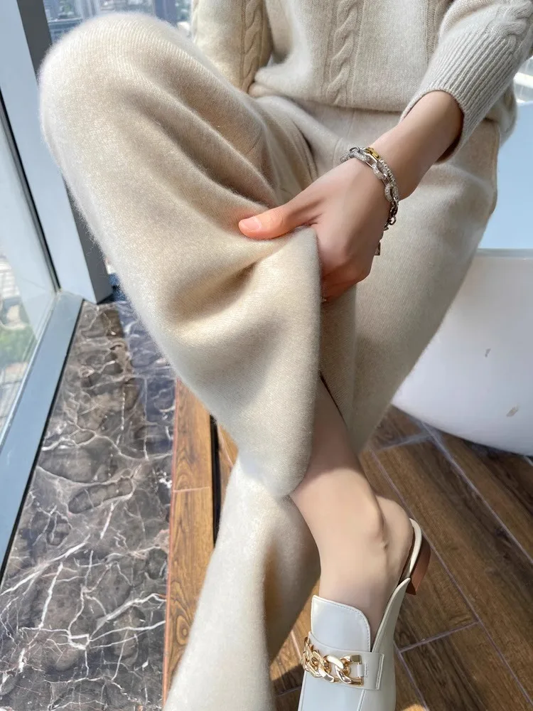 Pantalones de pierna ancha de lana para mujer, sueltos, otoño e invierno, corte recto, hasta el suelo, drapeados, de punto, informal, extendido...