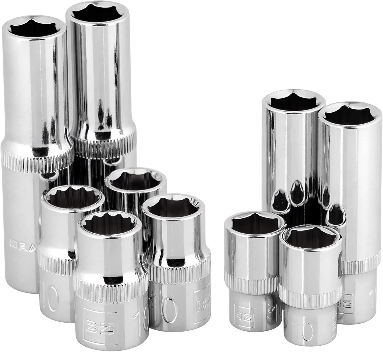 

10mm Socket Ten Pack, Multi-Type, Forged High-Strength Steel, Knurled Rim, Mirror Finish
