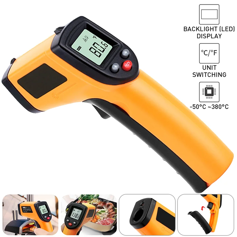 Digital Infrared Thermometer Handheld Pyrometer Gun -50~380°C C/F Non-Contact Thermometer Gun for Meat Buffalo Milk BBQ Cooking