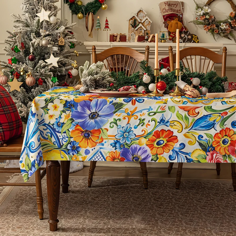 Blue Floral Ceramic Tile Waterproof table cloth, splash-proof tablecloth, for party, Halloween, Christmas, dining, camping