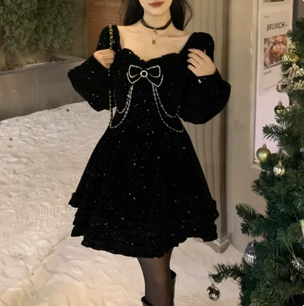 عيد الميلاد الخريف الشتاء جديد كبير الحجم فساتين مخملية حمراء أنيقة فتاة الفرنسية ساحة طوق عالية الخصر طويلة الأكمام فستان كوري