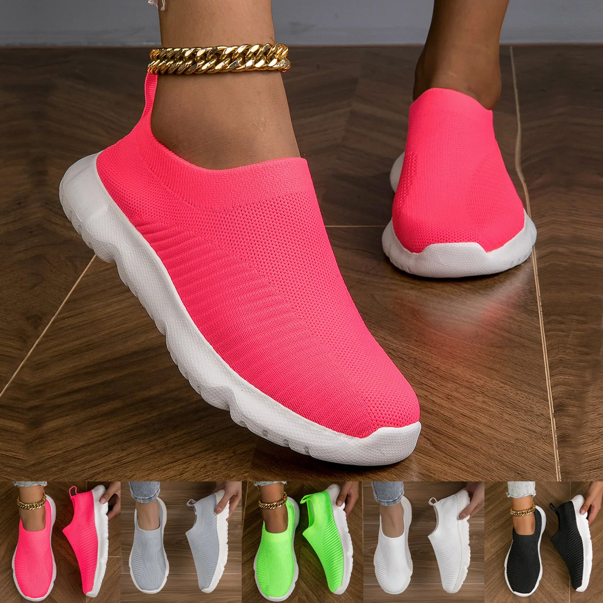 Atmungsaktive Strick-Sneakers für Damen, lässige Slip-On-Outdoor-Schuhe, leichte Low-Top-Trainer