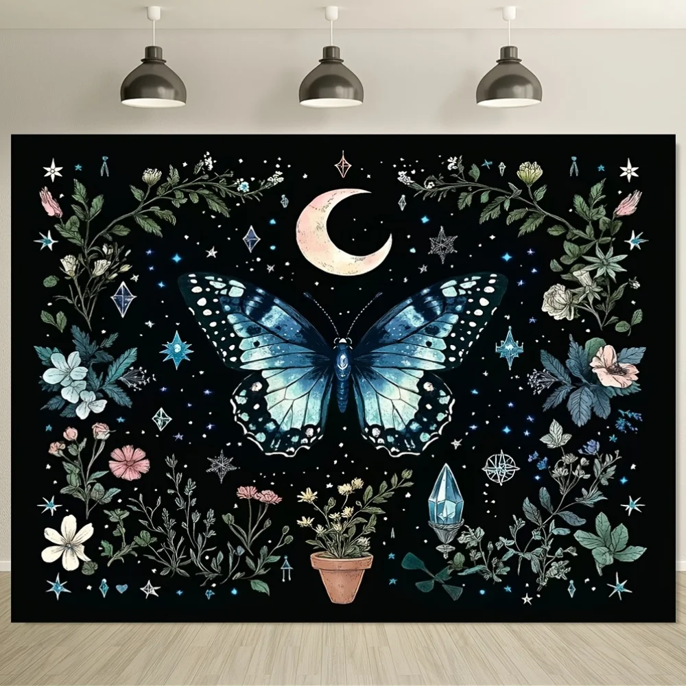 قطعة واحدة من نسيج البوهيمي مع قمر الفراشة والزهور، قماش بوليستر، قابل للغسل في الغسالة ومناسب لغرفة النوم وغرفة المعيشة #1