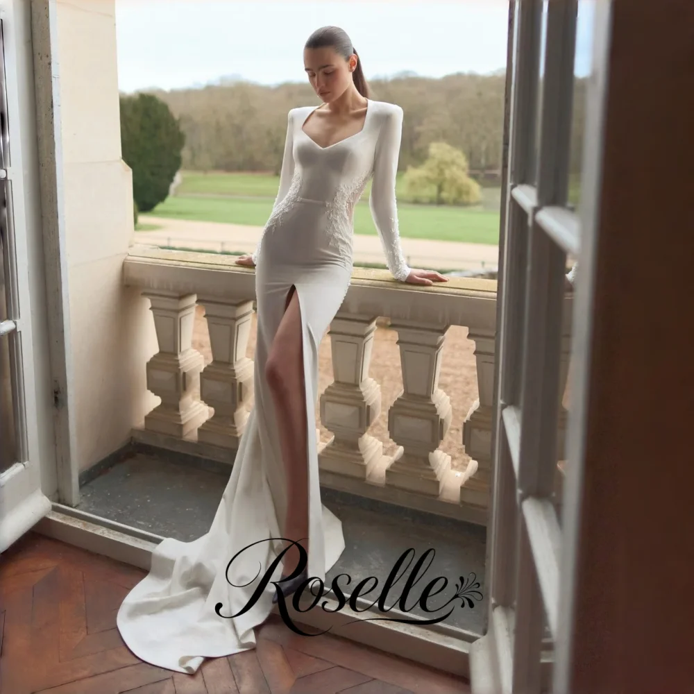 ROSELLE V-Neck Long Sleeves High Side Slit Mermaid Wedding Dress Beading Cut Out 2026 Bridal Gown Customized свадебное платье