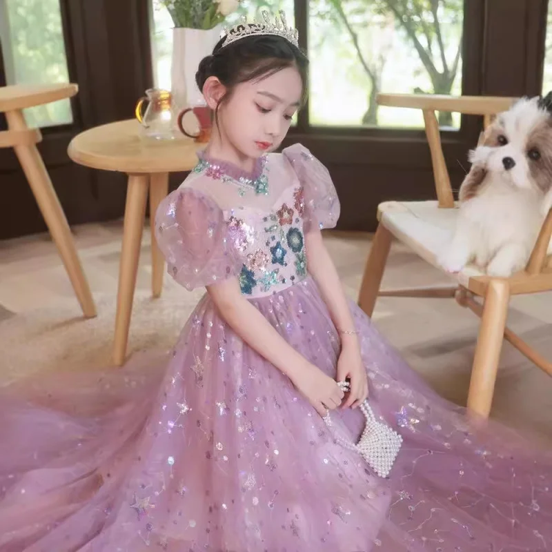 Fashion Children's 2025 New Spring Girls' High-End Princess Dress Host Piano Performance Costume