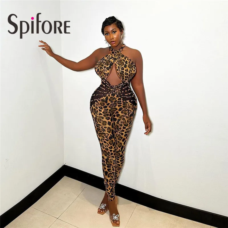 Spifore Sexy Backless Leopard Printed Women Jumpsuits Fashion Sleeveless Bodycon Rompers Nightclub Party Wear Female Overalls