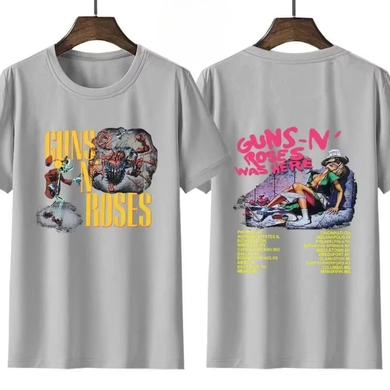 Koszulka 2025 New Retro Gun N' Roses Rock Band Here 1980 Tour Casual Damska Y2K Hip Hop Streetwear Krótki Rękaw