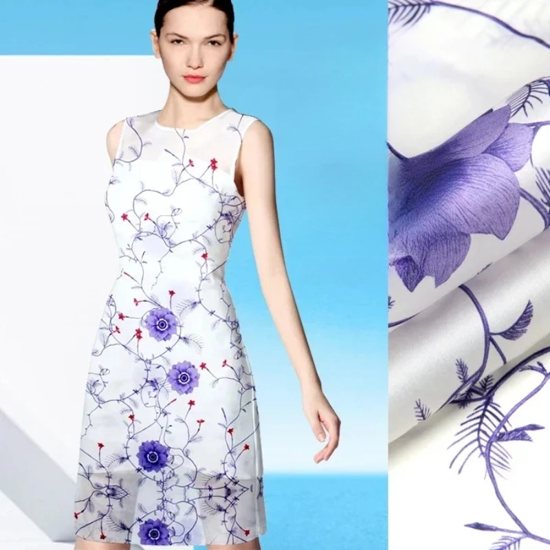 

135*120cm 14mm Purple Floral Print Silk Organza Fabric For Bubble Dress Shirt Clothes Pants Diy Sewing Material D096