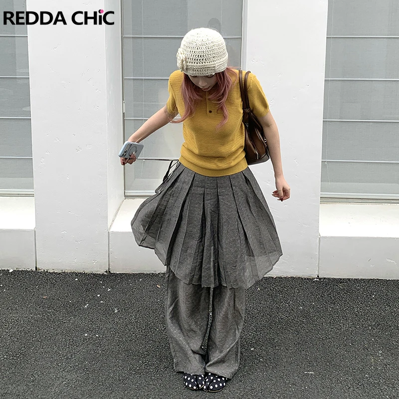 REDDACHiC Women Jacquard Stitch Skirt Pants Causal Lyocell Breathable Tie Up Wide Leg Palazzo Pants Trendy Alternative Clothes