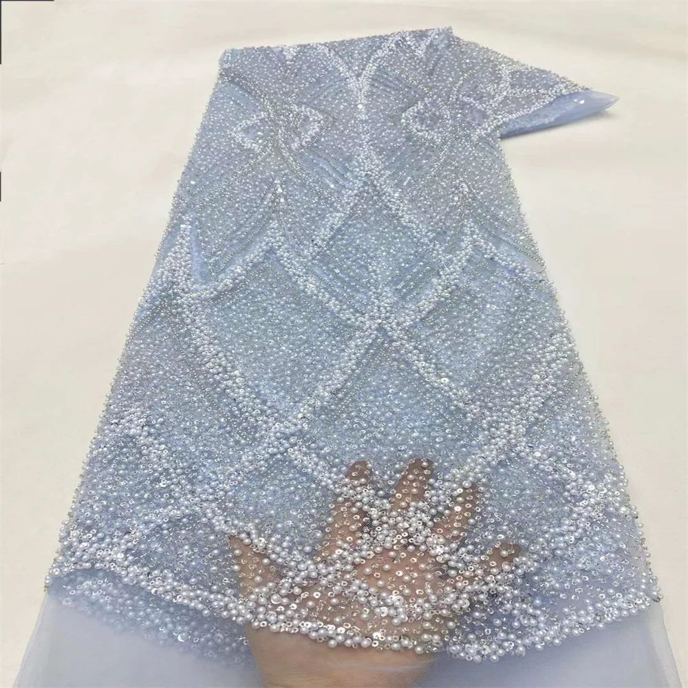 Beaded French Tull Lace Fabric 2024 High Quality African Mesh Lace Fabric Sequined Lace Fabric Nigerian Wedding Dress Sewing