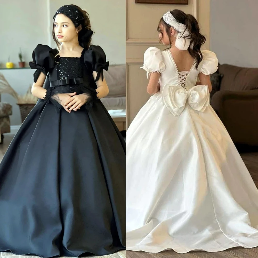 Elegant Satin Flower Girl Dress for Wedding Dresses Floor Length Puffy with Bow First Communion Kid Birthday Gift Party Ball