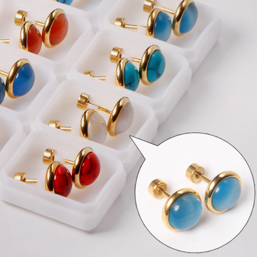 12 Pairs 316L Stainless Steel Round Opal Earring Bijoux Female Vintage Jewelry 10mm Screw Back Stud Earrings Wholesale Party