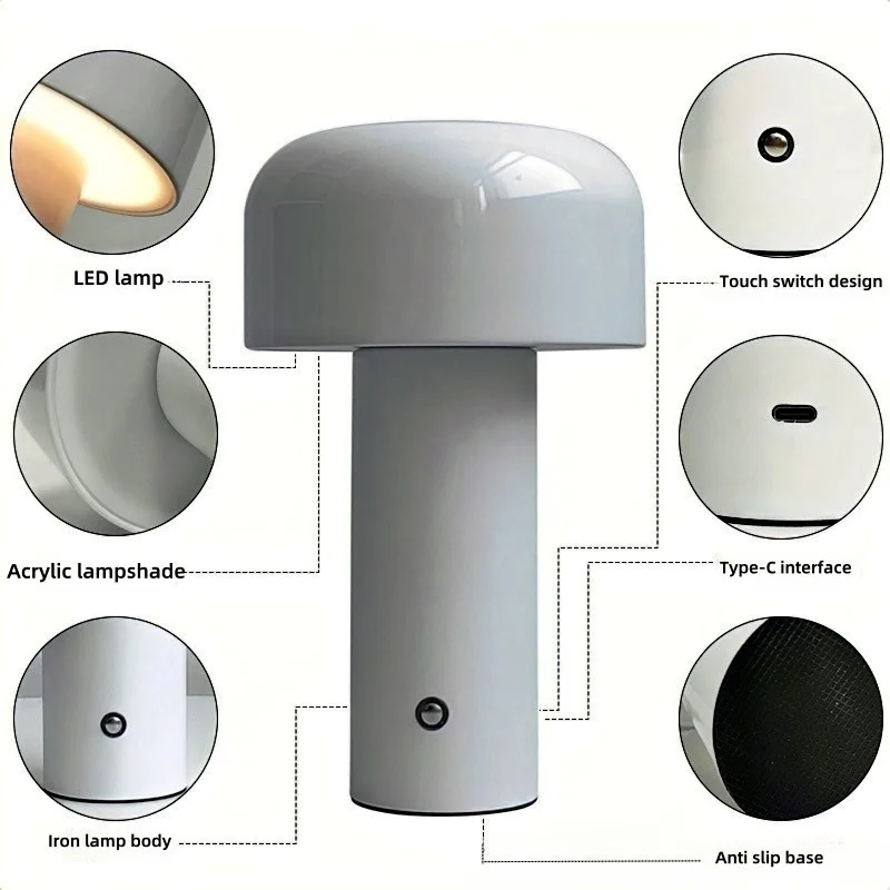 LED Mushroom Night Light - Touch adjustable brightness+wireless charging, bedroom, office, portable cordless light