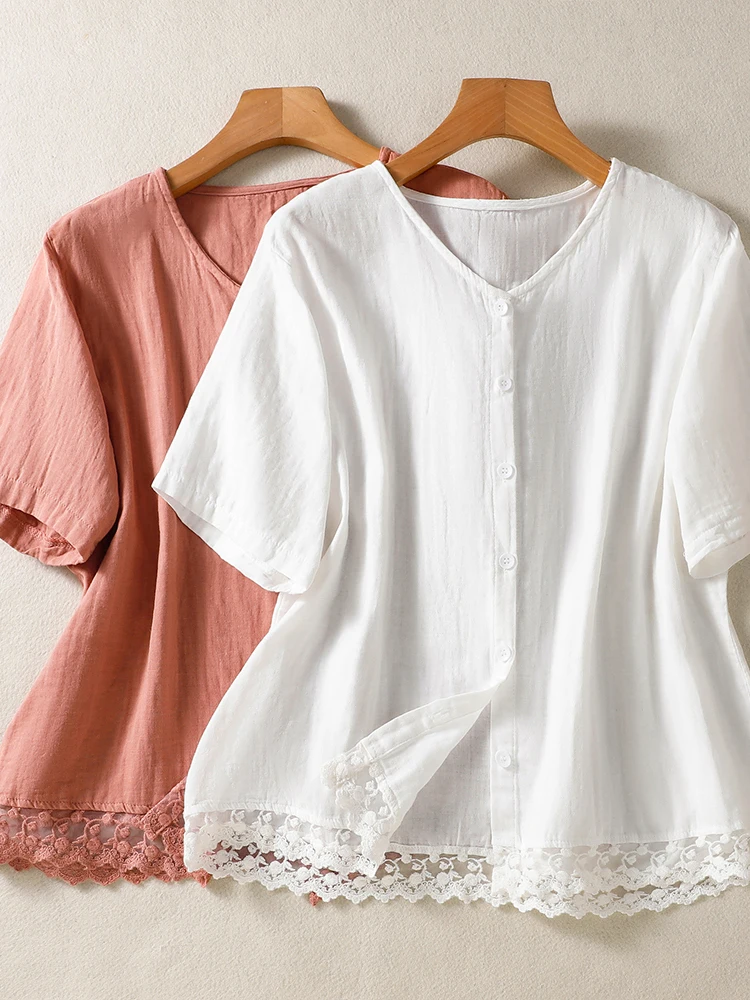 

Retro Splice Lace Trim Short Sleeve Open Cardigan Versatile Top Breathable Casual Loose Fit Summer Shirt for plus Size Women