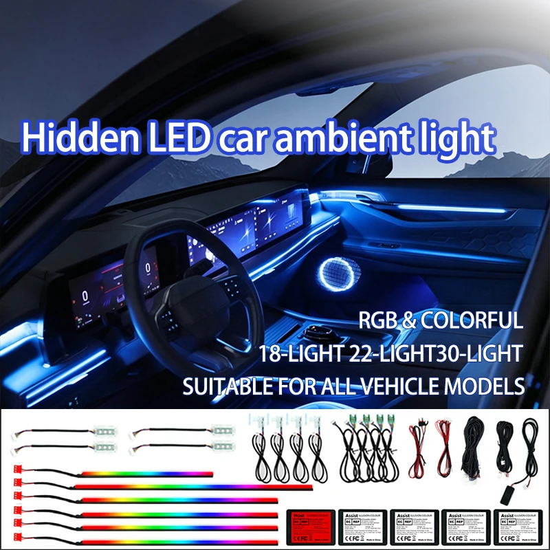 WRWD Universal LED Car Ambient Interior Lights 30 in 1 Full Color Streamer RGB 128 Color Acrylic Strip Symphony Atmosphere Lamp