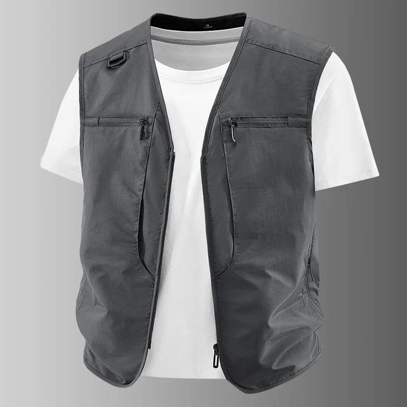 V-neck, plus-size men's summer thin vest, multi-bag work clothes, outdoor fishing waistcoat, waistcoat