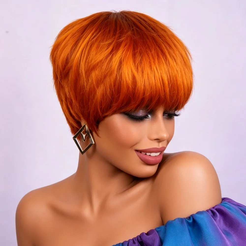 For Women Natural Realistic 100% Human Hair Pixie Cut Wigs #350 Ginger Orange Short Straight Layered Cut With Bangs Machine Craf