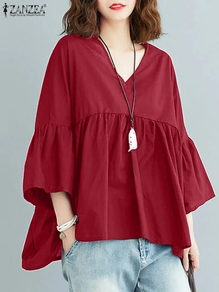 ZANZEA Holiday Casual Loose Blusa Women Pleating V-neck Blouse Shirt 2024 Summer Flare 3/4 Sleeve Tops Fashion Solid Color Tunic