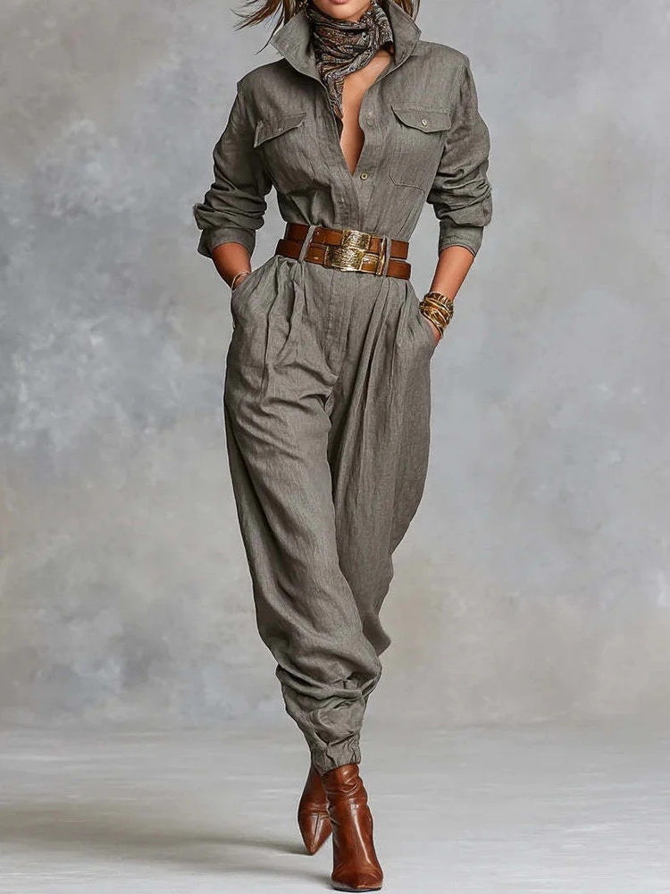 Women Spring Retro Cargo Pants Jumpsuits, Elegant Turn Down Collar Pocket Playsuits, Casual Patchwork Buttons Ladies Bodysuits