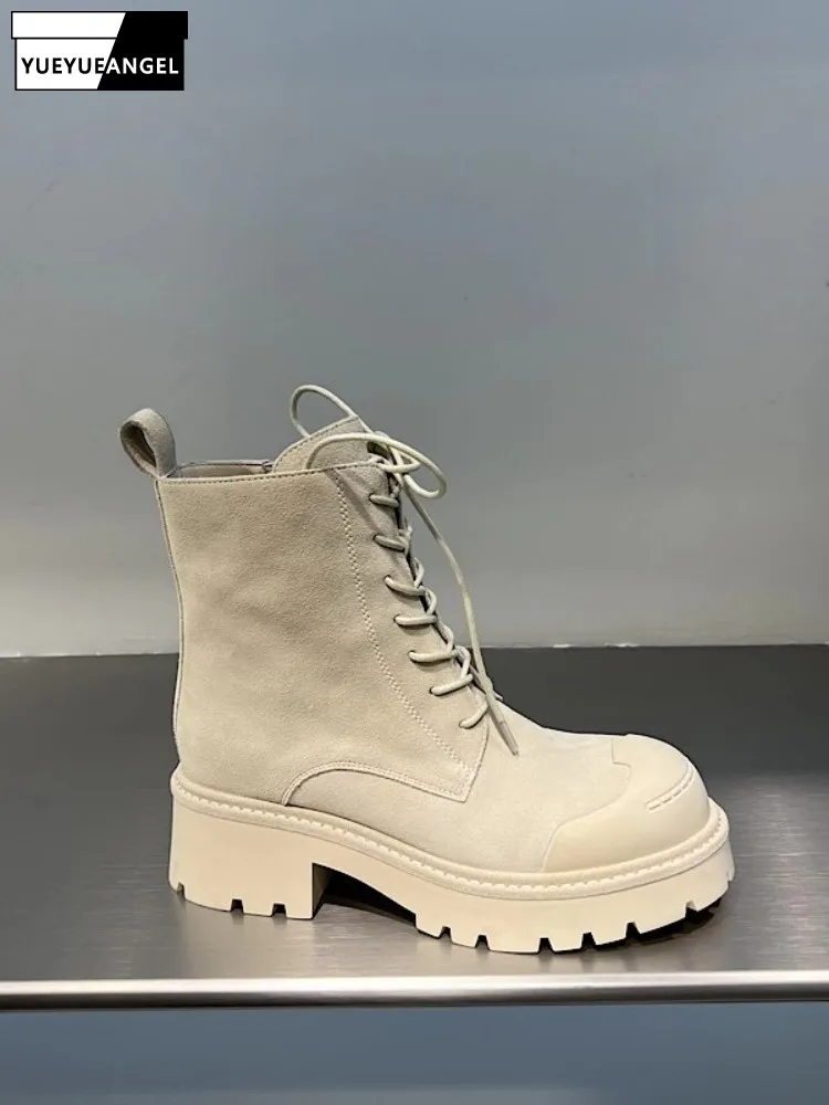 New Autumn British Style Women Ankle Boots Cow Suede Round Toe Lace-Up Footwear Thick Heel Side Zipper High Top Shoes Hot Sale