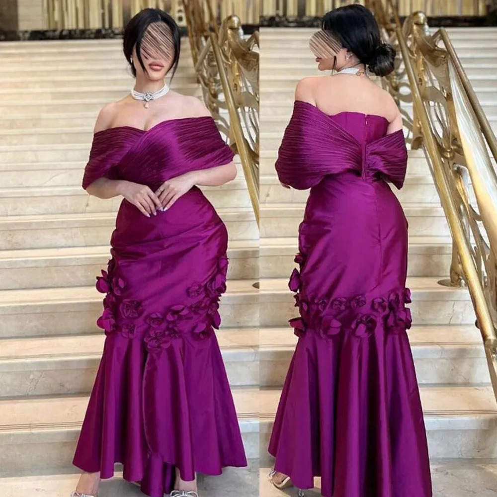 

Customized Prom Gown 3D Appliques Off Shoulder Backless Satin Celebrity Banquet Dress Sheath High Quality Occasion Dresses Women