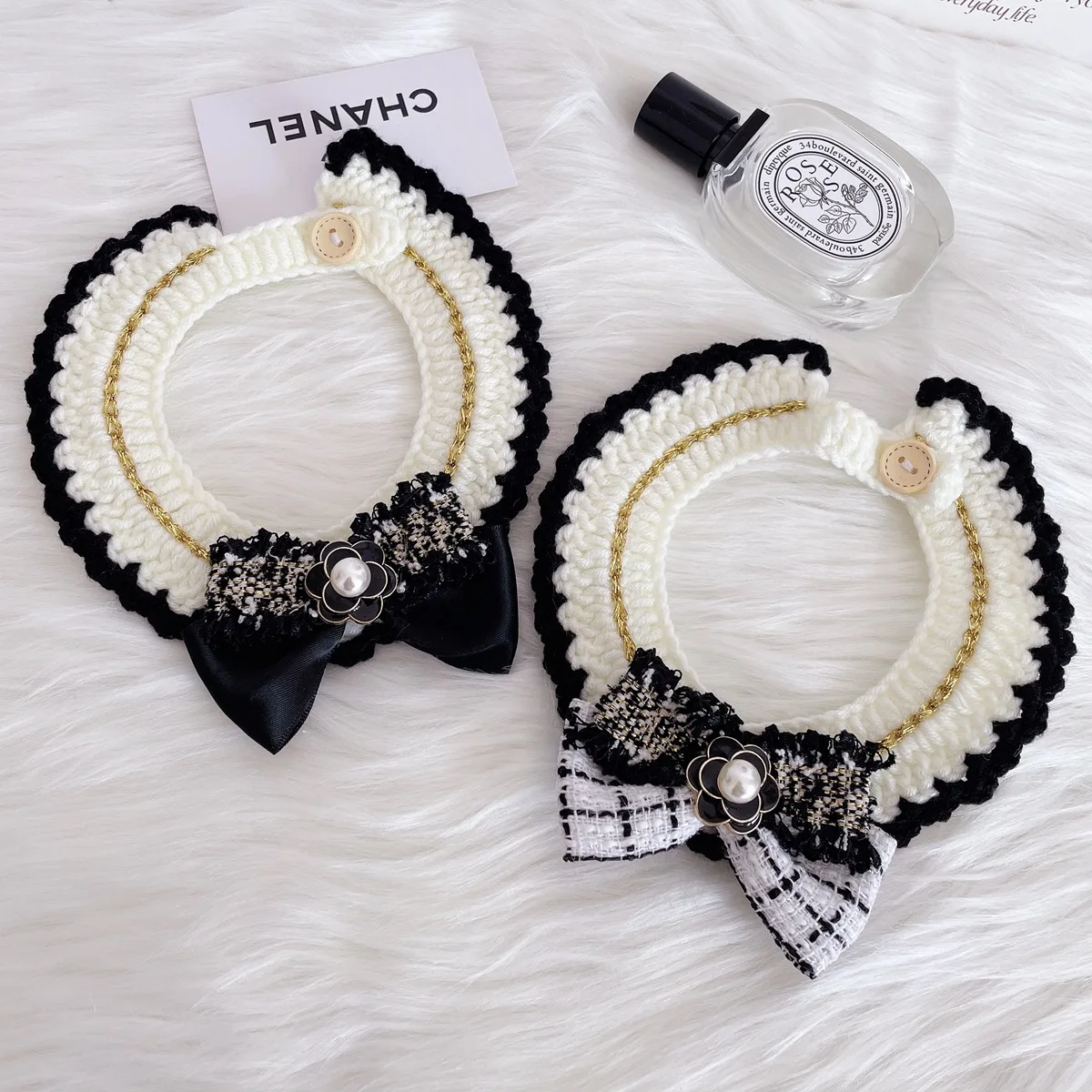 Pet Cat Dog Floral Edge Hand Hook Collar Classic Black White Knitted Cat Collar Cute Cat And Dog Necklace Pet Collar