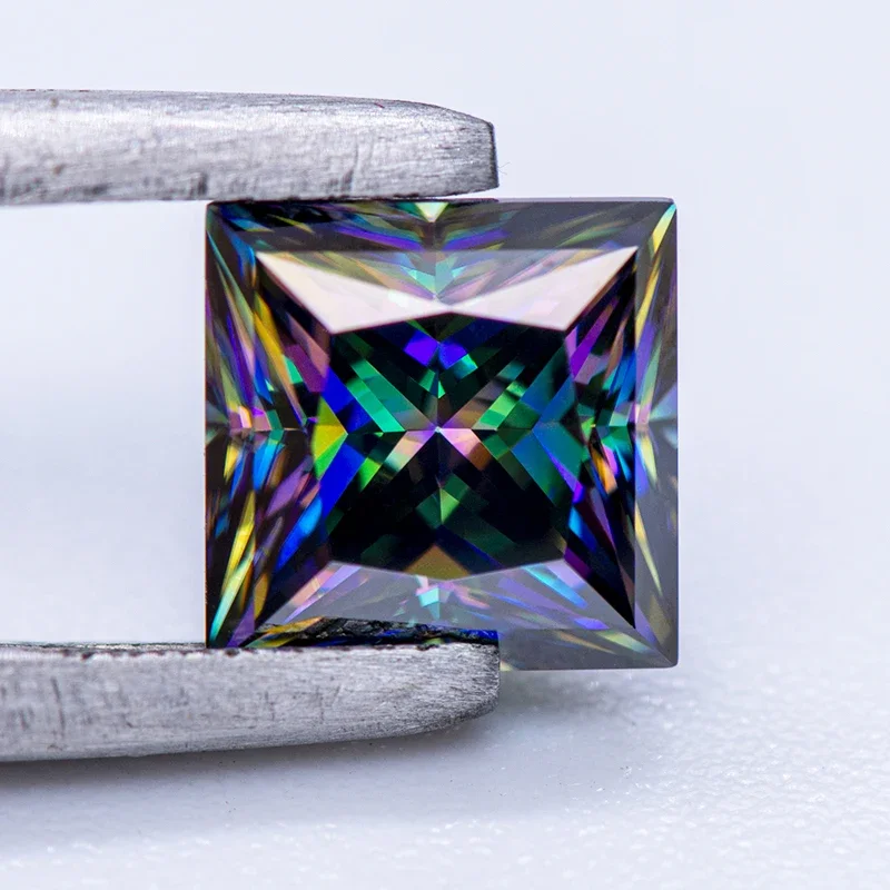 Moissanite Stone Rainbow Green Color Princess Cut Lab Grown Diamond for Charms DIY Jewelry Making Materials with GRA Certificate