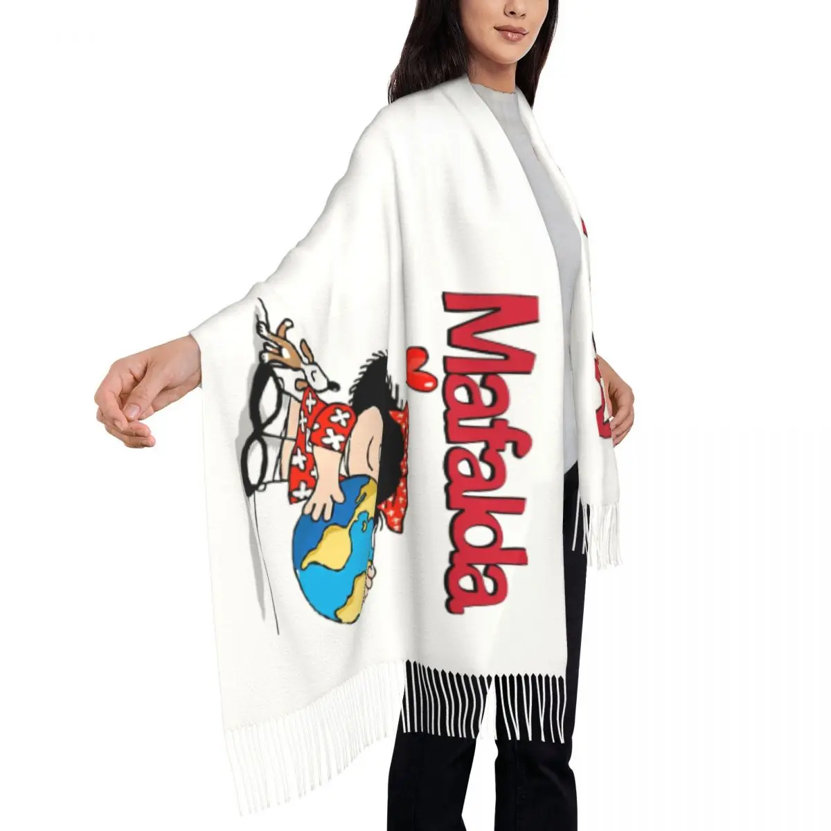 Custom Mafalda World And Her Puppy Tassel Scarf Women Soft Quino Comic Cartoon Shawls Wraps Ladies Winter Fall Scarves