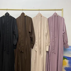 Muslim Turkish women's Ramadan dress Dubai Moroccan Cardigan robe Maxi dress Abaya with ribbon pocket women's dress