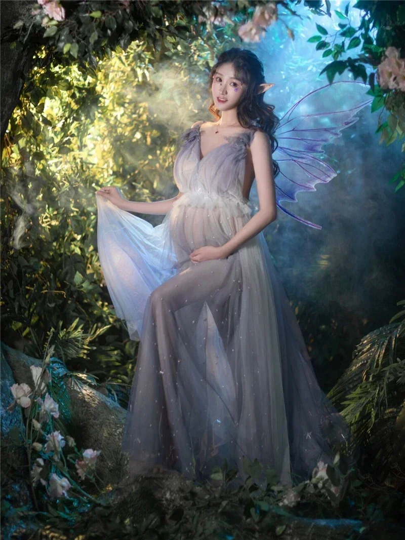 

Women Photography Props Champange Mesh V-neck Fairy Elegant Maternity Dresses Perspective Pregnancy Dress for Studio Shooting