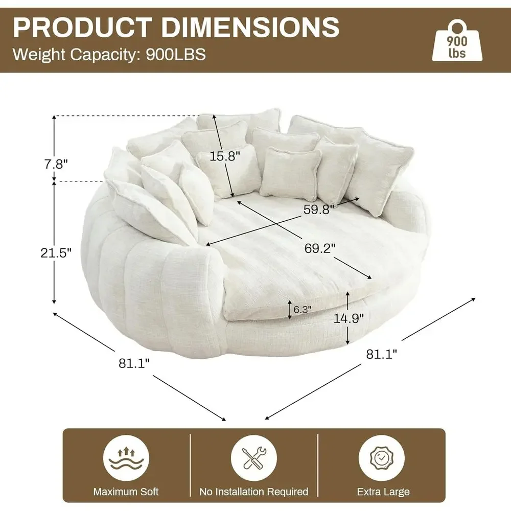 Oversized Round Chaise Lounge with 14 Pillows, Plush Chenille Upholstered Barrel Sleeper Bed, Deep Seat Cloud Couch for Living R
