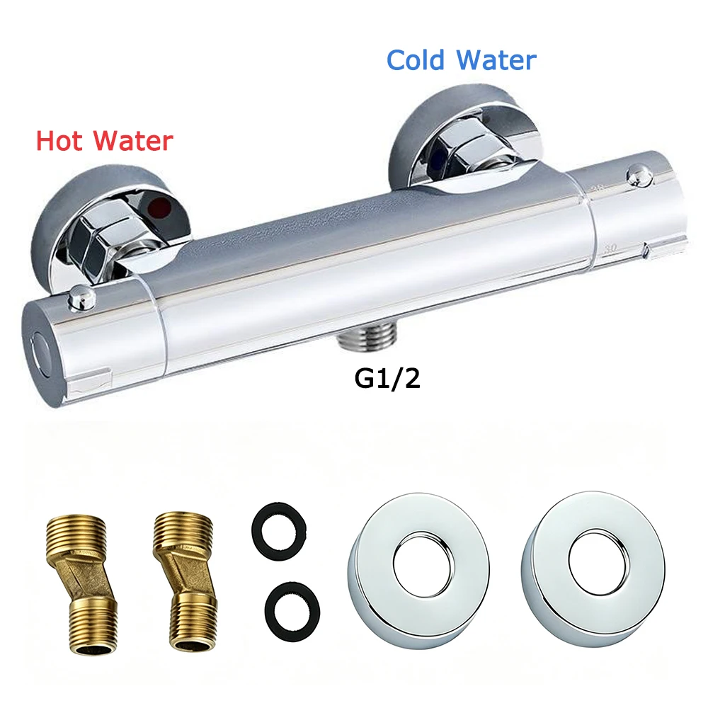 Thermostatic Shower Valve Kit Chrome G1/2 Wall Mount Anti Scald Hot Cold Water Mixing Valve with Eccentric Fittings for Bathroom