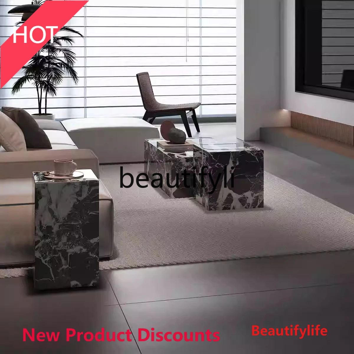 smt45 Marble Black Coffee Table Rectangular Combination Light Luxury Minimalist Creative Side Table for Small Living Room