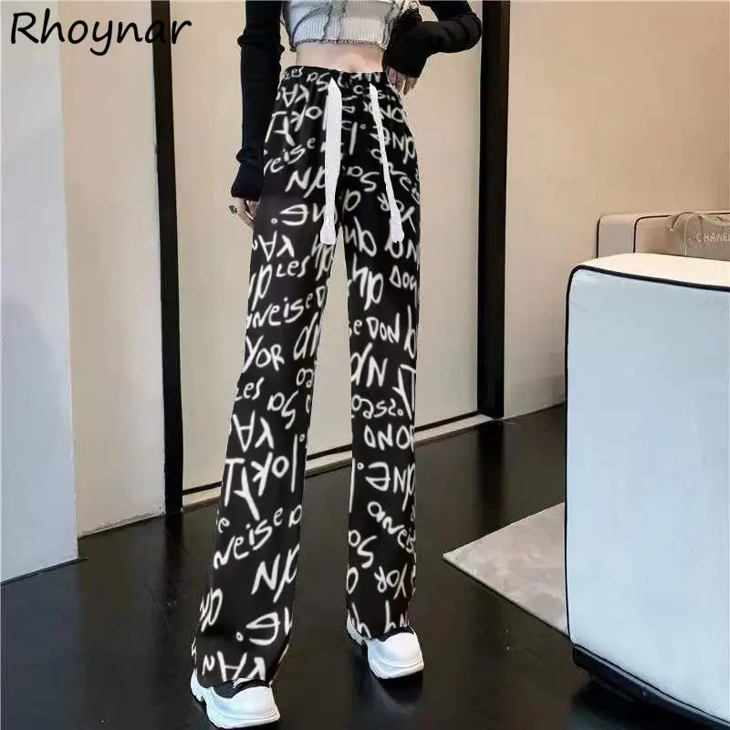 

Wide Leg Pants Women Baggy S-3XL Letter Hipsters Pantalones European Streetwear Teens Drawstring High Waisted Design Trouser Ins