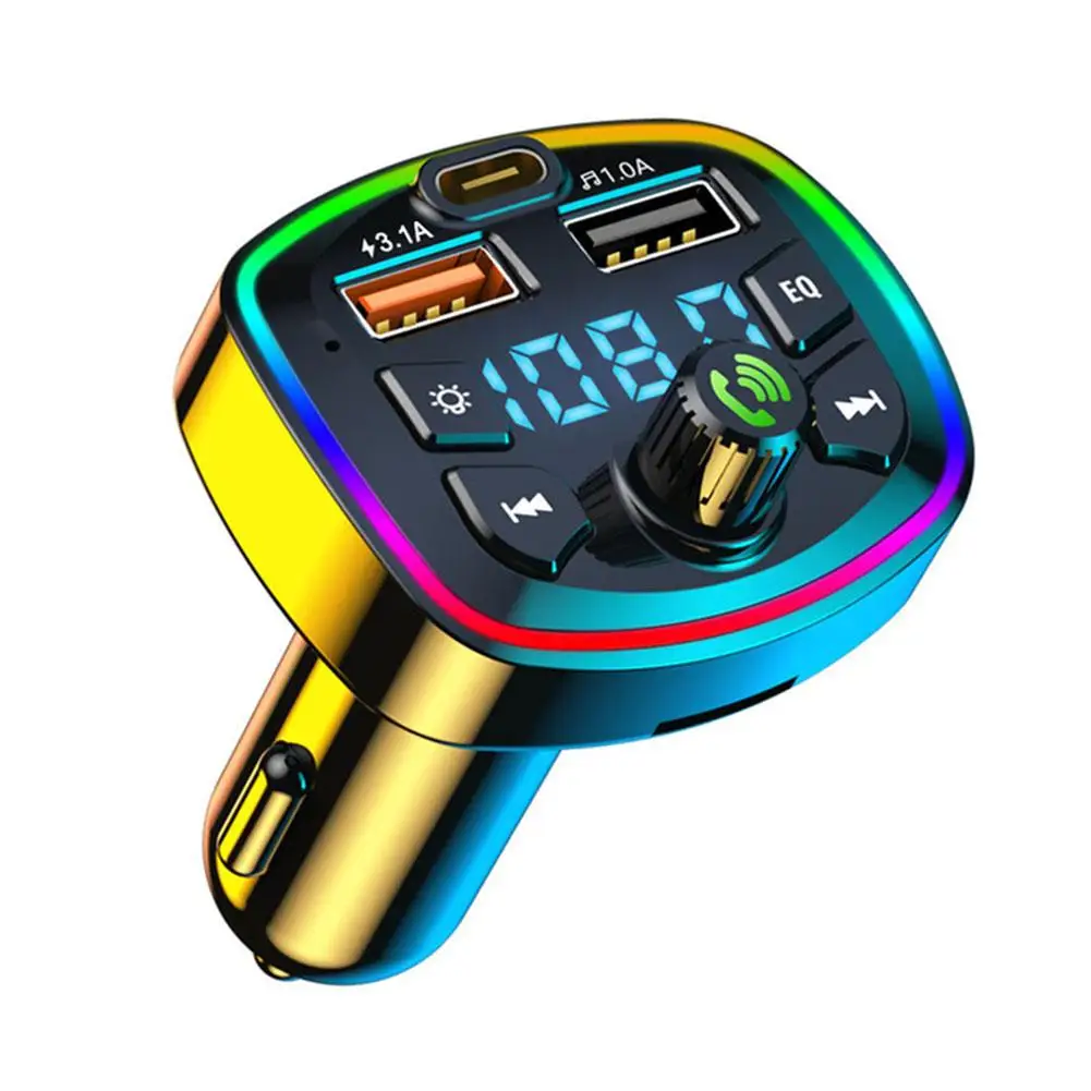 Car Bluetooth 5.0 FM Transmitter PD Type C Dual USB Fast Charger Colorful Ambient Light Handsfree MP3 Modulator Player