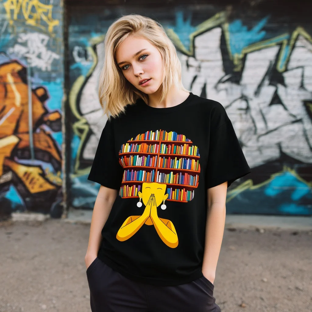 

Zaelia Black Short Sleeve T-Shirt with Colorful Bookshelf Banana Print for Casual Wear