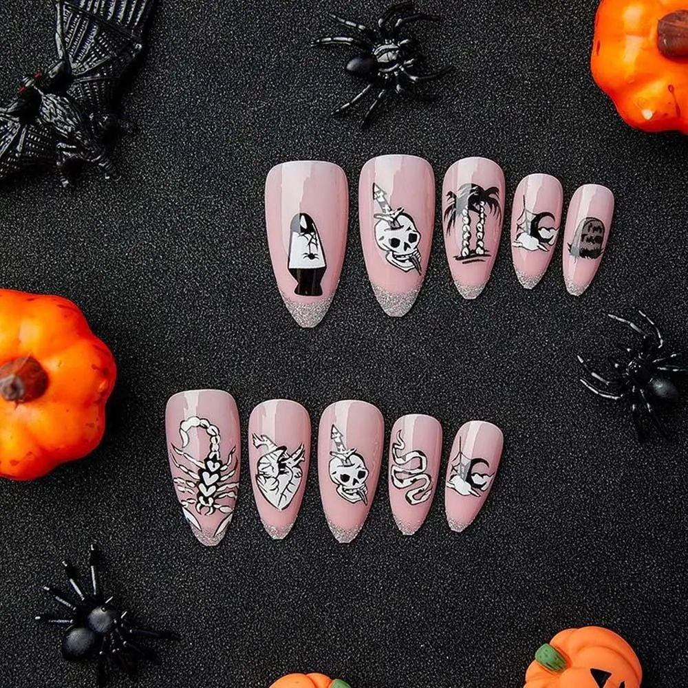 Material de manicure halloween unhas falsas suprimentos de unhas diy acessórios de unhas halloween unhas falsas longo caixão em forma preto