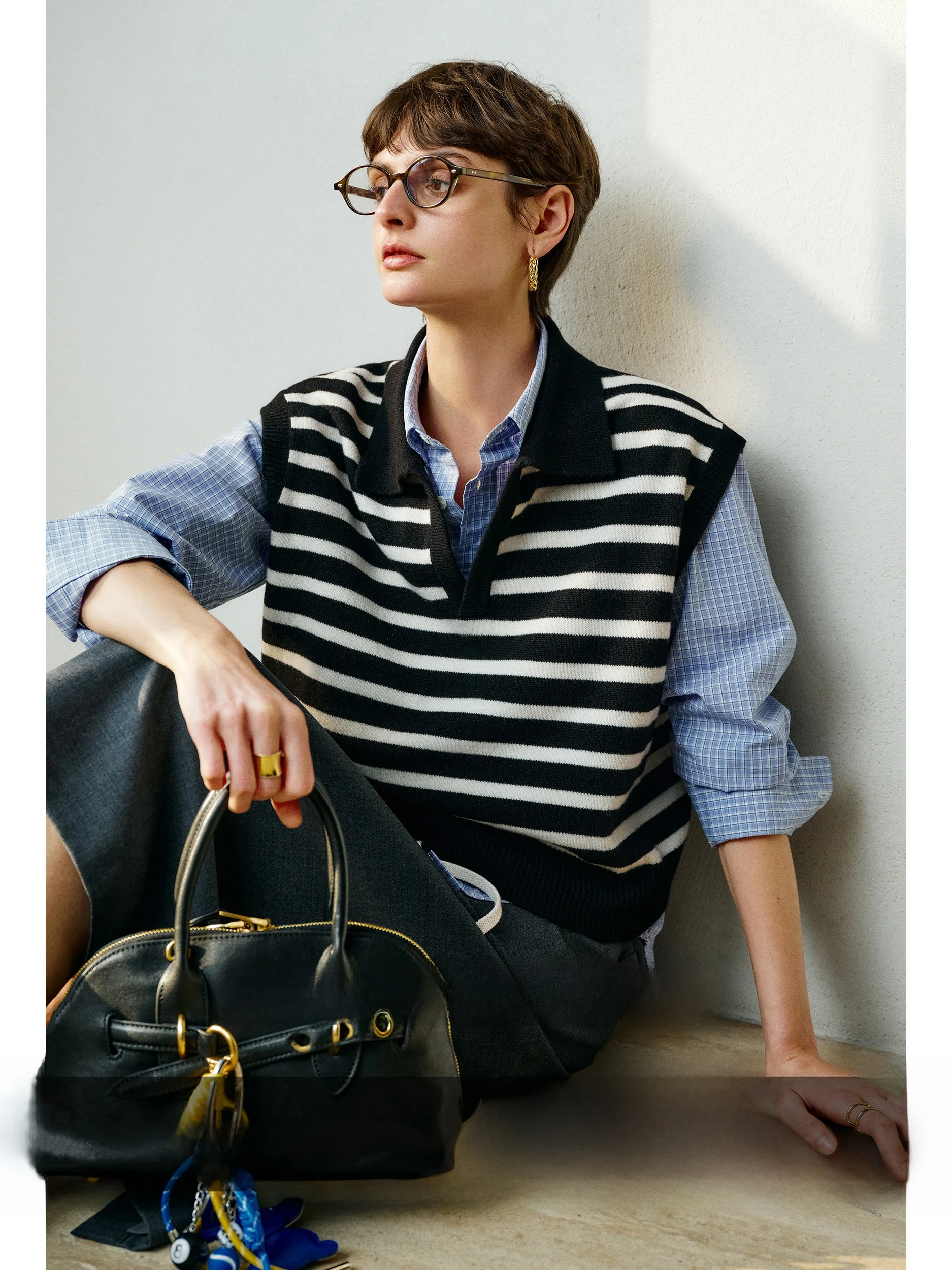 

CA Women's Bla White Artist Wool Blend ort Svel Knitted Vest Spring Commute Sle Loose Fit Stripe Pattern