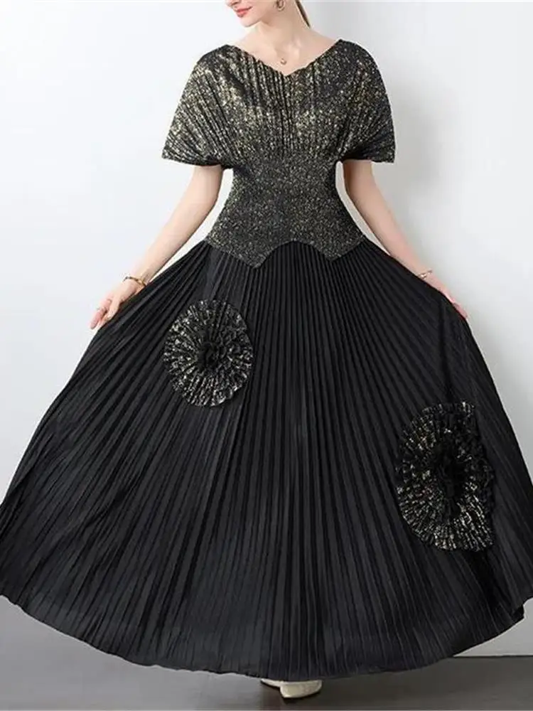 

Элитный золотой комплект из плиссированного топа с рукавами «летучая мышь» и юбки, модный женский ансамбль, трансграничный стиль, с цветочным узором.